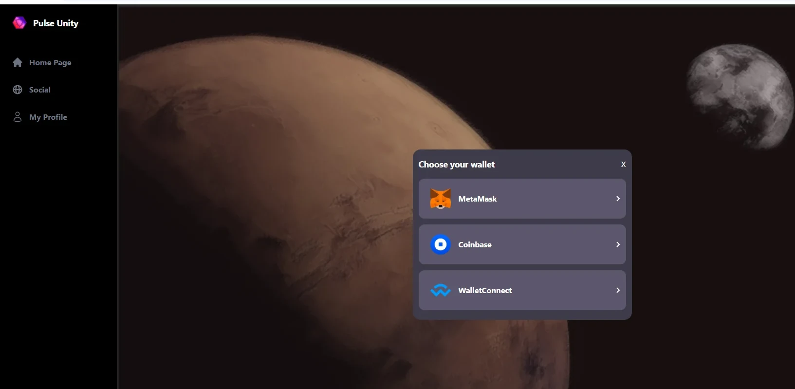 Existing Pulse UNITY Marketplace development capture showing Mars and wallet provider options